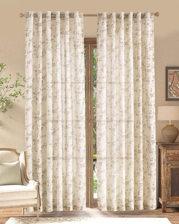 jinchan Taupe Floral Linen Curtains 84 Inch Farmhouse Back Tab 2 Panels | - Image 2