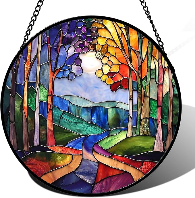 DASTOLL Stained Glass Window Hanging, Colorful Forest Landscape Tree Suncatcher by DASTOLL