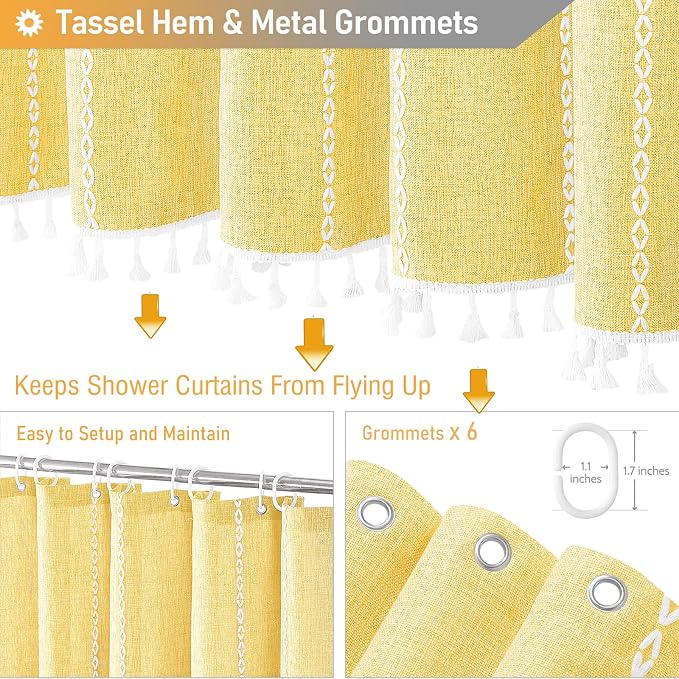 Small Boho Linen Heavy Duty Cloth Shower Curtain Set, 330GSM Linen Blend - Image 5