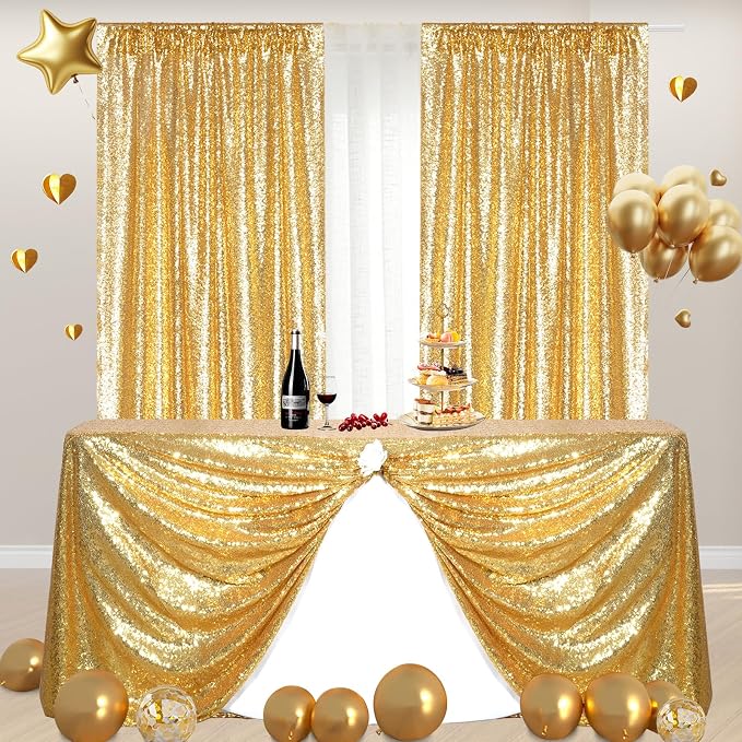 Poise3EHome Gold Sequin Backdrop Curtains, 2 Panels 2FTx8FT Glitter Background - Image 3