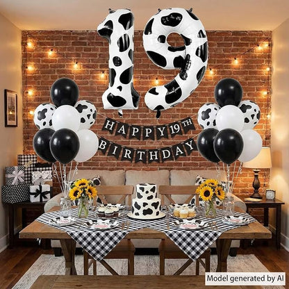 40 Inch Cow Print Number 19 Balloon Set, Giant Black & White Cowhide Foil Mylar - Image 2