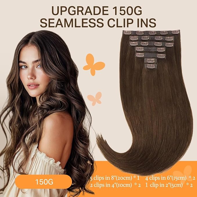 DOORES Seamless Clip in Hair Extensions, Chocolate Brown 7pcs 160g 24 Inch, Human Hair Extensions Remy Straight Thick Invisi Edge Weft