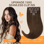 DOORES Seamless Clip in Hair Extensions, Chocolate Brown 150g 7pcs 22 Inch Real Human Hair Straight Remy Thick Invisi Edge Weft