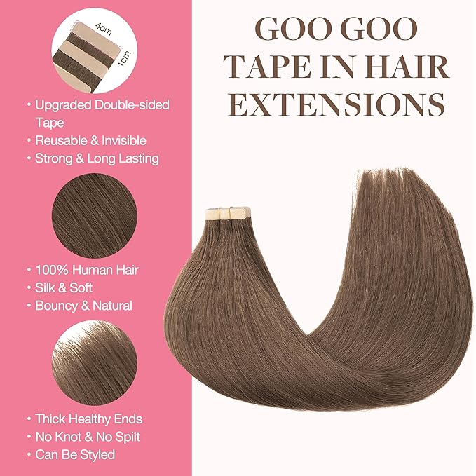 GOO GOO Tape in Hair Extensions Human Hair, 5 Light Ash Brown, 16inch 25g 10pcs, Skin Weft Seamless Invisible, Silky Straight with Thick Ends, Remy Human Hair