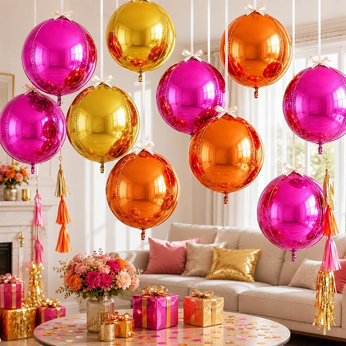 9 Pcs Pink Orange Gold Round Foil Balloons 22 In Metallic Hot Pink Gold Orange - Image 4