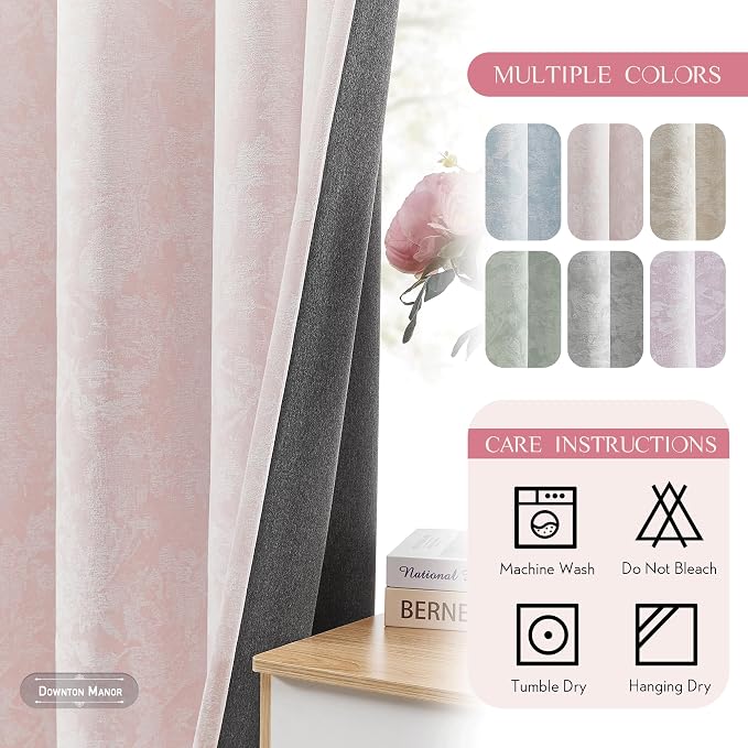 Beauoop Pink Floral Jacquard Blackout Curtains - Image 7