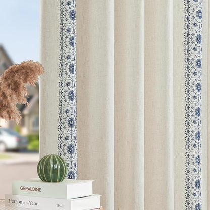 jinchan Floral Linen Curtains Embroidered Back Tab 50x84in 2 Panels Blue | - Image 8