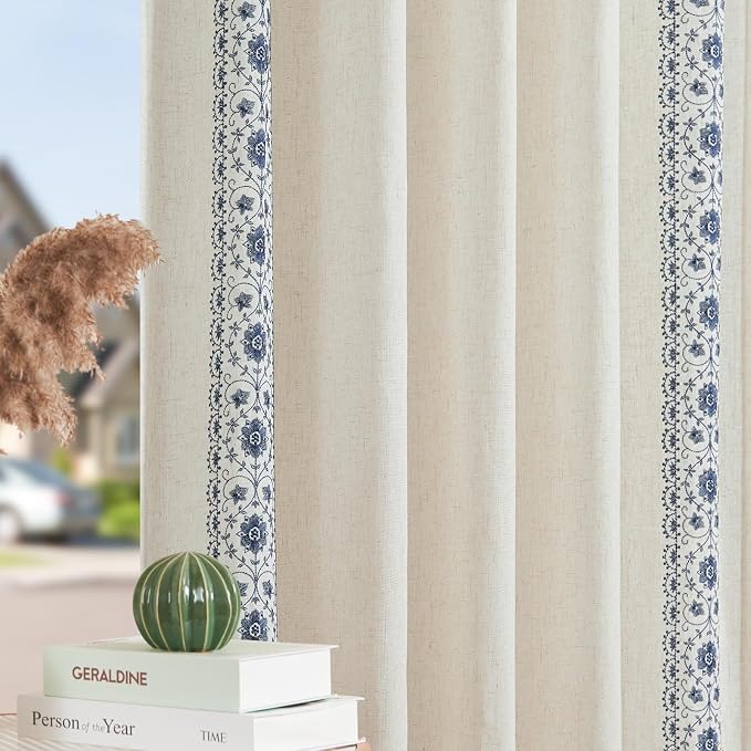 jinchan Floral Linen Curtains Embroidered Back Tab 50x63in 2 Panels Blue | - Image 8