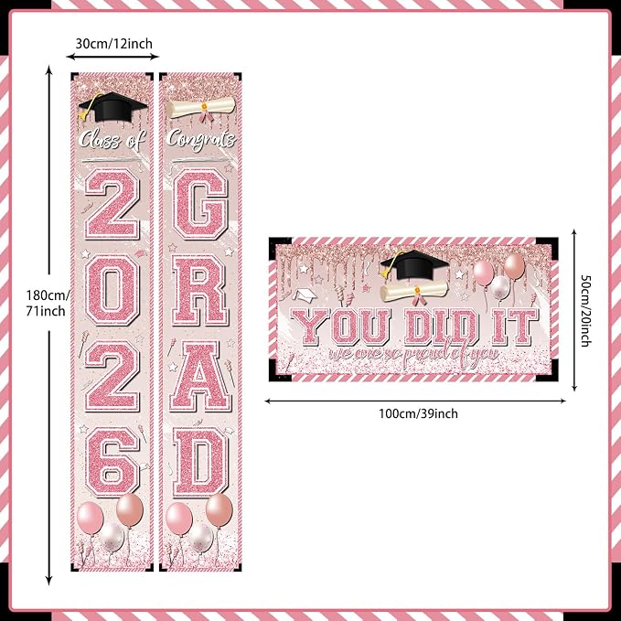 Pink Graduation Decorations Graduation Banner Class of 2026 Congrats Grad Porch - Image 3