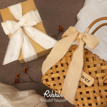 Ribbli 3 Rolls Beige Ribbon 1.5 Inch x 18Yards Ivory Nude Khaki Handmade Cotton - Image 5