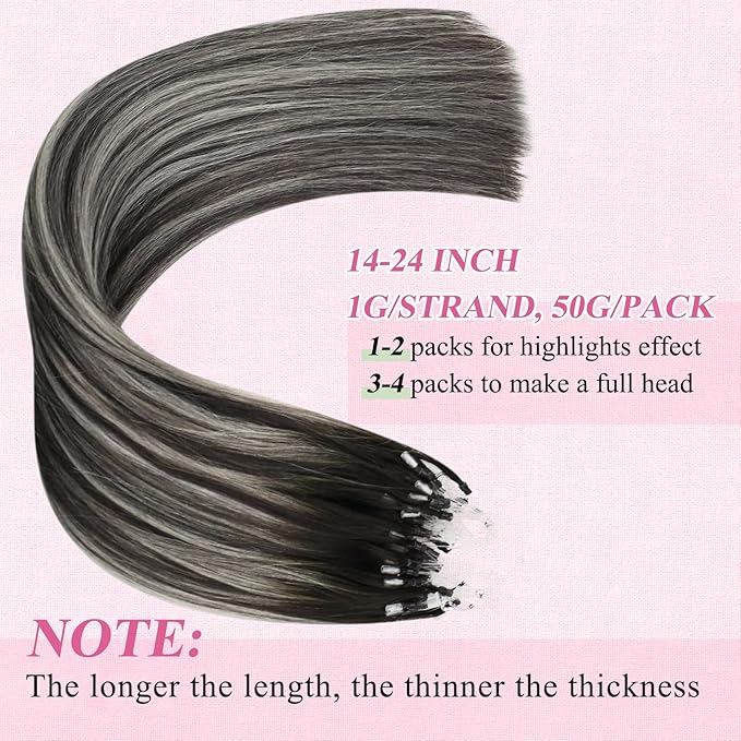 YoungSee Micro Loop Hair Extensions Real Human Hair Silver Balayage Micro Bead Hair Extensions Human Hair Black Ombre Silver Microlink Hair Extension Balayage Black 18 Inch 1g/s 50g 50s