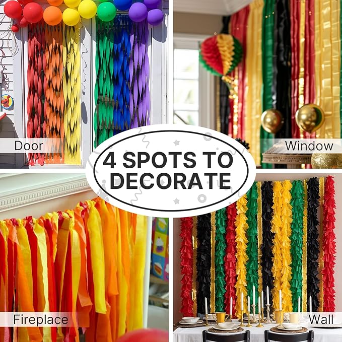 PartyWoo Gold Black Green Red Yellow Crepe Paper Streamers 6 Rolls 492 FT | - Image 5