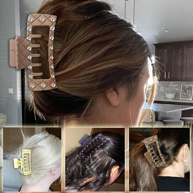 Bling bling Rhinestones Square Hair Clips Double Row Teeth,2 Rows Teeth Rectangle Hair Claw Clips with Shiny Rhinestones,Women Girls Sparkly Thick Hair Accessories Set(beige coffee chocolate)