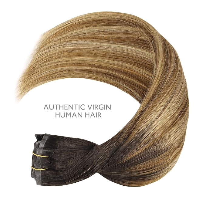 WENNALIFE Seamless Clip In Hair Extensions Human Hair, 24 Inch 160g 7pcs Dark Brown to Chestnut Brown and Dirty Blonde Invisible Natural PU Weft Straight Extensiones De Cabello Hmano