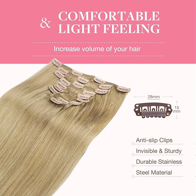 GOO GOO Clip in Hair Extensions Real Human Hair, Remy Human Hair Extensions Clip ins for Women, Natural Human Hair, 22inch 150g 9Pcs, 7 Bronde