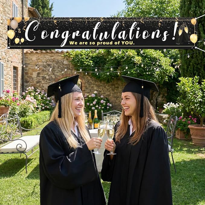 Large Congratulations Decoration Banner Graduation Yard Sign Banner Black Gold - Image 4