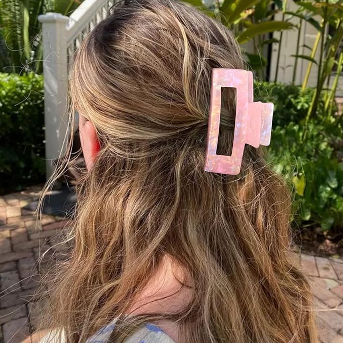 3PCS Large Hair Claw Clips for Thick Hair - 4 Inch Acrylic Strong Hold Non-Slip Barrettes Hair Clamps for Women - Big Rectangle Hair Clips for Curly Hair, Updo, Bun, Ponytail (white&blue&pink）