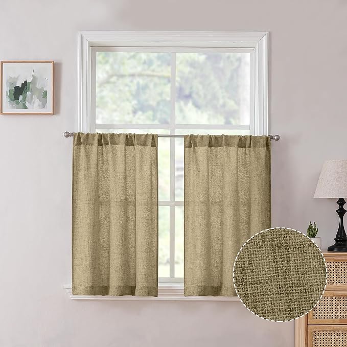 Tollpiz Linen Tier Curtain Rod Pocket Semi Sheer Half Kitchen Curtains Burlap by Tollpiz