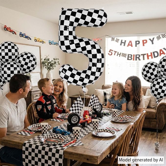 40 Inch Checkered Number 5 Balloon, Large Foil Black and White Number Balloon - Image 2