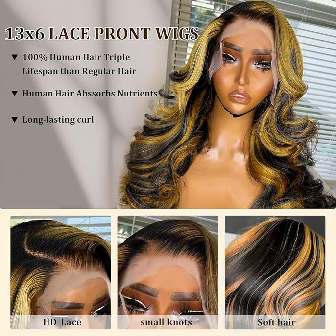 Ombre 13x6 Body Wave Human Hair Lace Front Wigs 24inch 200% Density HD Transparent Lace Frontal Wigs Human Hair Pre Plucked Bleached Knots Human Hair for Women with 1b/27 Color Baby Hair