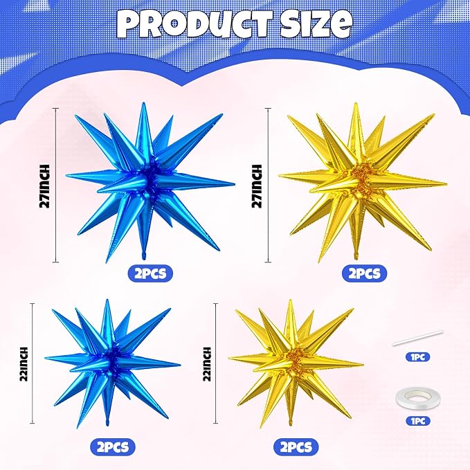 Blue Gold Star Balloons, 22/27 Inch Gold and Blue Star Foil Aluminum Balloons - Image 2