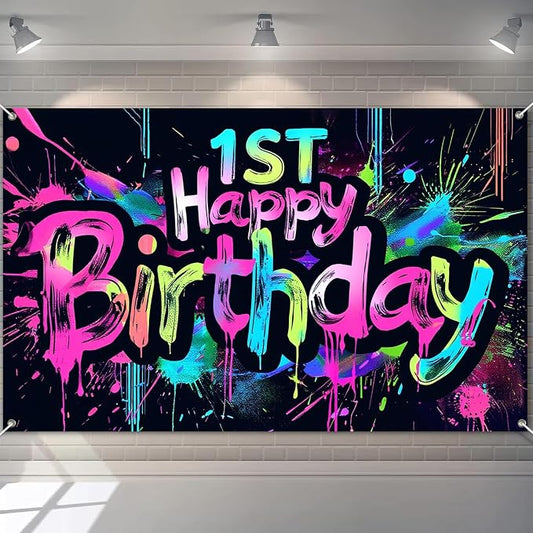 HOMETITUTE Neon 1st Happy Birthday Banner 71x43 Inch Paint Splatter Backdrop by HOMETITUTE