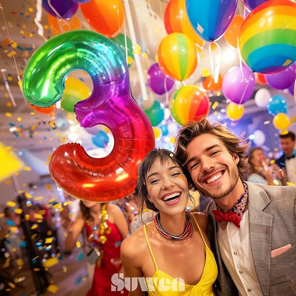 SUWEN Rainbow Number 3 Balloon 40 Inch, Big Colorful Balloons 0-9 | Large - Image 2