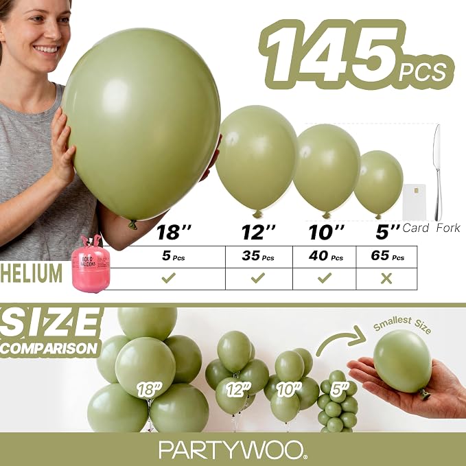 PartyWoo Sage Green Balloons 145pcs Different Sizes of 18 12 10 5 Inch Olive - Image 6
