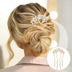 Pearl Flower Hair Clips, U-Shaped Crystal Flower Rhinestone Hair Pins, Gold Alloy Floral Hairpins Hairclips Accessories for Bride Weddings Party Holiday