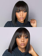 LUVME HAIR 10 Inch Light Yaki Straight Bob Wig with Bangs Human Hair Realistic HD Lace Short Black Bob Wigs, Ready to Go Blunt Cut Bob Wig Glueless 180 Density