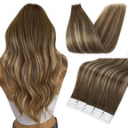 Full Shine Tape in Hair Extensions Real Human Hair 18 Inch Tape Ins Human Hair Extensions Balayage Color 4 Fading to 24 Caramel Blonde and 4 Medium Brown 50 Grams Extensions for Women Real Hair 20 PCS