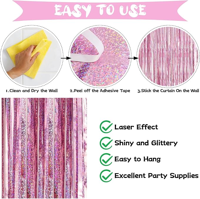 Pink Tinsel Foil Fringe Curtain Backdrop, 3.3 x 8.2 ft Metallic Glitter Curtain - Image 4