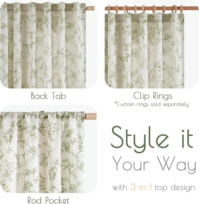 Green Floral Linen Curtains Farmhouse Rod Pocket 50W X 90L 2 Panels | Charlotte - Image 7
