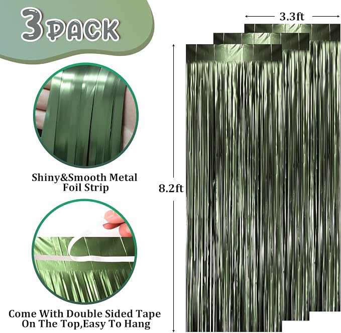 Voircoloria Dark Green Foil Fringe Backdrop Curtains, 3 Pack | Tinsel Streamers - Image 2