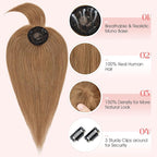 Hairro Mono Hair Toppers with Bangs, 3.4" x 3.4" Mono Base 100% Real Human Hairpieces for Women, 150% Density Clips In Topper for Greyish Thinning Hair, 18 Inch Blondish Brown