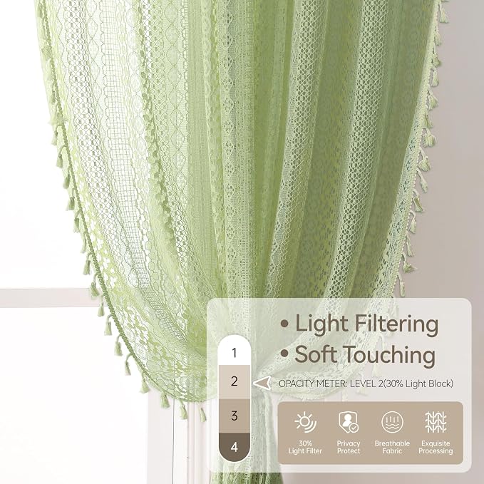 WAZZIO Boho Lace Curtains 63 Inches 2 Panel, Light Filtering Privacy Tassel & - Image 4