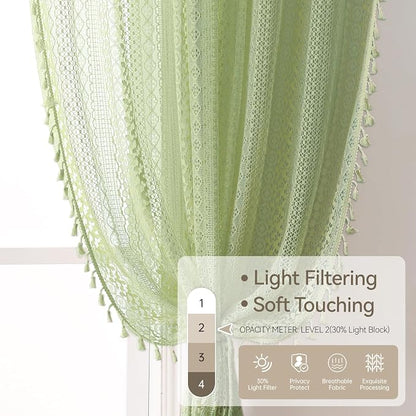 WAZZIO Boho Lace Curtains 84 Inches 2 Panel, Light Filtering Privacy Tassel & - Image 5