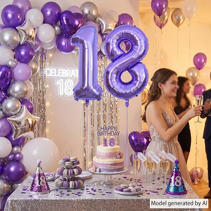 Purple Number 18 Balloon 40 Inch, Large Metallic Lavender Mylar Foil 18th - Image 2