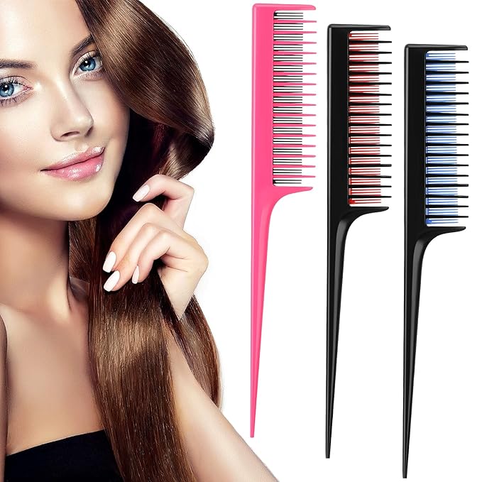 Leinuosen 3 Pcs Triple Teasing Comb for Women Plastic Rat Tail Comb Heat Resistant Pintail Tease Layer Tool for Thick Fine Hair Styling Backcombing Volume Structure(Black and Red Blue Pink)