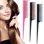 Leinuosen 3 Pcs Triple Teasing Comb for Women Plastic Rat Tail Comb Heat Resistant Pintail Tease Layer Tool for Thick Fine Hair Styling Backcombing Volume Structure(Black and Red Blue Pink)