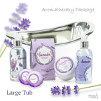 Aromatherapy Essentials Spa Set for Women in Large Silver Tub Bath Set Includes 2 Bath Bombs, Body Lotion, Bath Salts, Shower Gel, and Bubble Bath (Lavender)