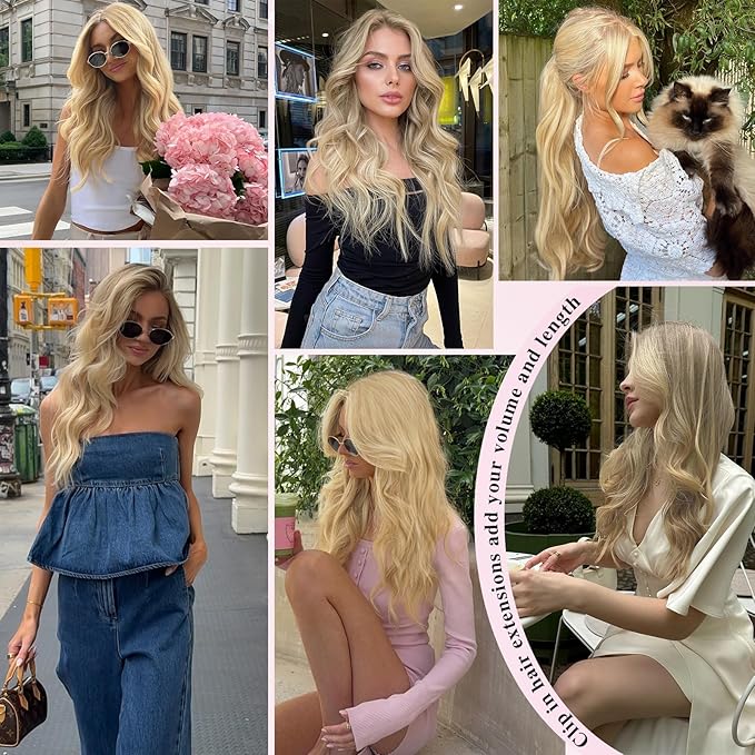 Hair Extensions for Women, 8PCS 20Inch Honey Blonde Mix Beach blonde Clip in Hair Extensions, Synthetic Long Wavy Curly Clip Ins, Full Head Thick Hairpieces for Women