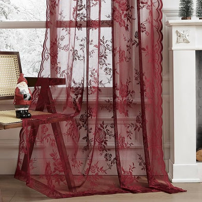 Burgundy Lace Curtains 90 Inches Long Modern Maroon Floral Curtains - Image 4