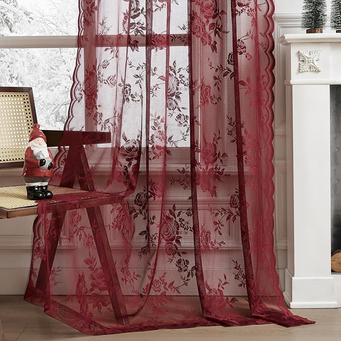 Burgundy Lace Curtains 63 Inch Length Vintage Floral Sheer Curtains 2 Panels set - Image 5