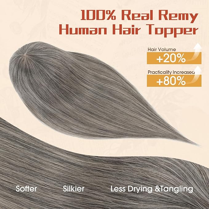 Rich Choices Human Hair Toppers for Women-100% Real Remy Hair Topper with 3D 360°Bang-Upgraded 150% Density 9 * 12CM Lace Base-Clip in Hairs topper for Thinning Hairs-12Inch #G2 Grey