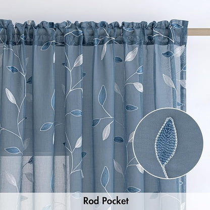 MIULEE Stone Blue Sheer Curtains 2 Panels Leaf Patterned, W52 x L84 | - Image 6