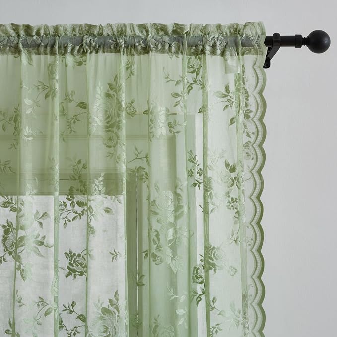 Sage Green Lace Cafe Curtains 24 Inch Length 2 Panels set Country Floral Sheer - Image 3
