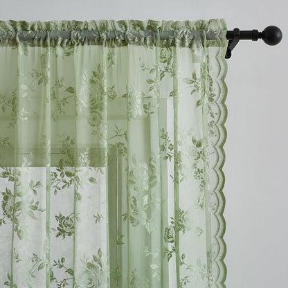 Sage Green Lace Curtains 108 Inches Long Spring Country Floral Sheer Curtains - Image 3