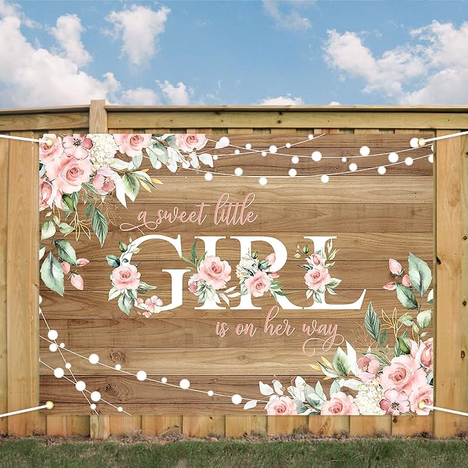 7x5 ft Rustic Wood Baby Shower Backdrop A Sweet Little Girl is on Her Way Baby - Image 7