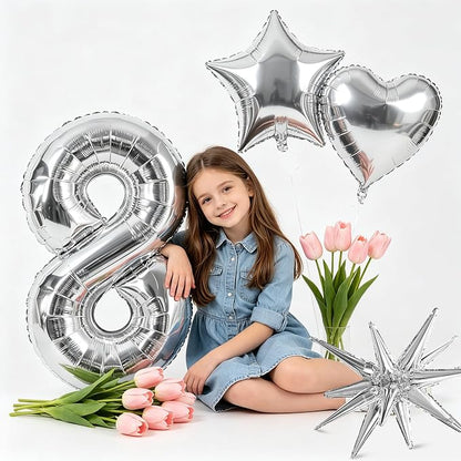 TONIFUL 8th Birthday Balloons Kit 40Inch Silver Large Number 8 Foil Balloon | - Image 5